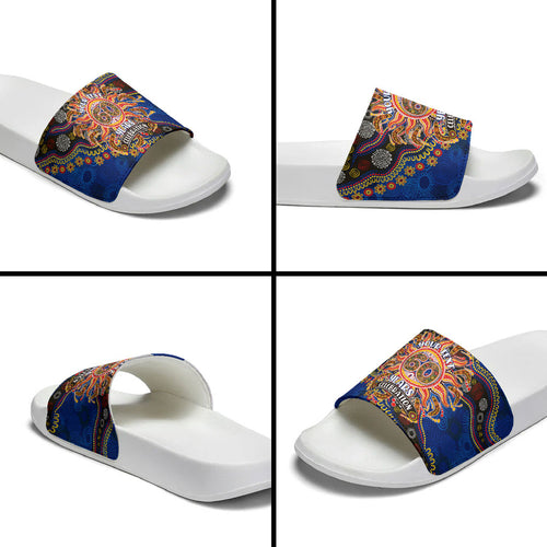 Personalized 60th Birthday Aboriginal Art Slide Sandals Indigenous Dot Painting Vintage Sun Lizard