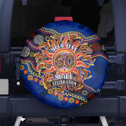 Personalized 60th Birthday Aboriginal Art Spare Tire Cover Indigenous Dot Painting Vintage Sun Lizard