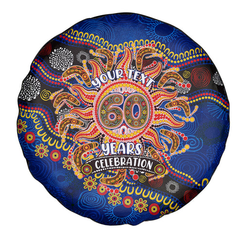 Personalized 60th Birthday Aboriginal Art Spare Tire Cover Indigenous Dot Painting Vintage Sun Lizard