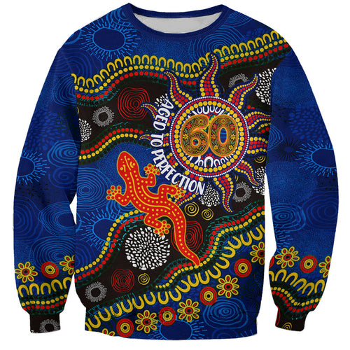 Personalized 60th Birthday Aboriginal Art Sweatshirt Indigenous Dot Painting Vintage Sun Lizard