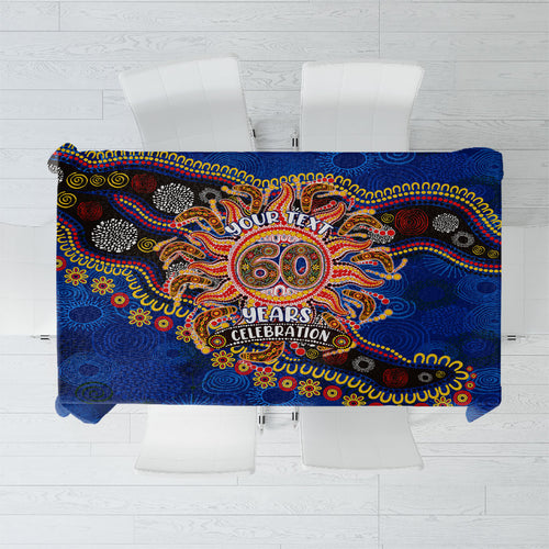 Personalized 60th Birthday Aboriginal Art Tablecloth Indigenous Dot Painting Vintage Sun Lizard