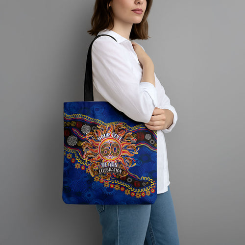 Personalized 60th Birthday Aboriginal Art Tote Bag Indigenous Dot Painting Vintage Sun Lizard