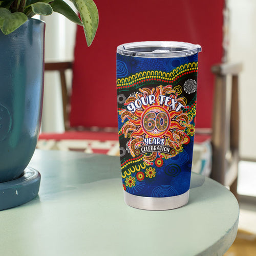 Personalized 60th Birthday Aboriginal Art Tumbler Cup Indigenous Dot Painting Vintage Sun Lizard