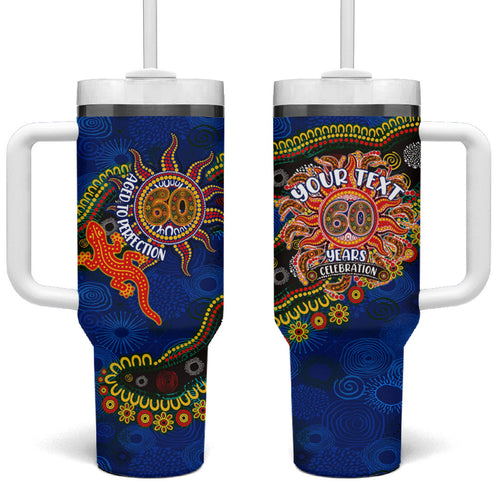 Personalized 60th Birthday Aboriginal Art Tumbler With Handle Indigenous Dot Painting Vintage Sun Lizard