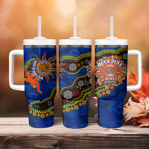 Personalized 60th Birthday Aboriginal Art Tumbler With Handle Indigenous Dot Painting Vintage Sun Lizard