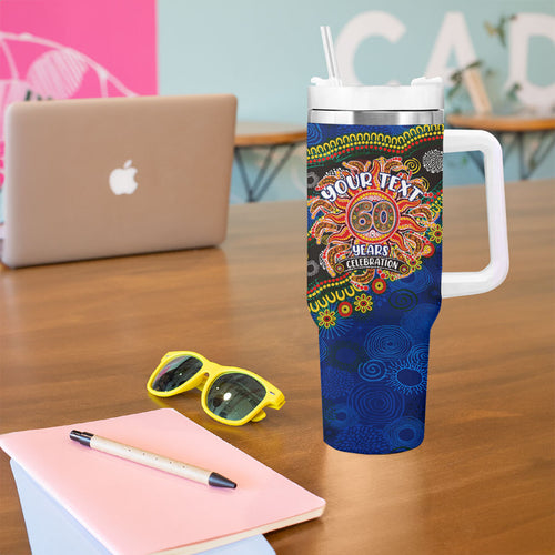 Personalized 60th Birthday Aboriginal Art Tumbler With Handle Indigenous Dot Painting Vintage Sun Lizard