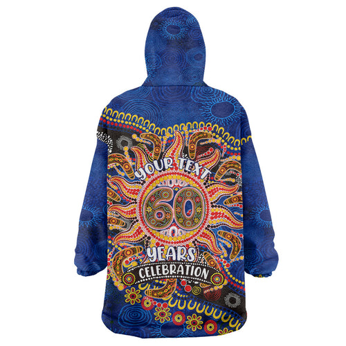 Personalized 60th Birthday Aboriginal Art Wearable Blanket Hoodie Indigenous Dot Painting Vintage Sun Lizard