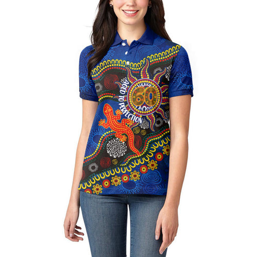 Personalized 60th Birthday Aboriginal Art Women Polo Shirt Indigenous Dot Painting Vintage Sun Lizard