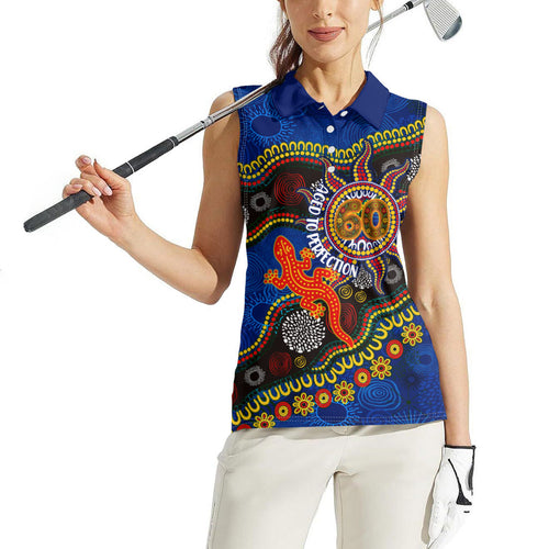Personalized 60th Birthday Aboriginal Art Women Sleeveless Polo Shirt Indigenous Dot Painting Vintage Sun Lizard