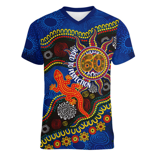 Personalized 60th Birthday Aboriginal Art Women V-Neck T-Shirt Indigenous Dot Painting Vintage Sun Lizard