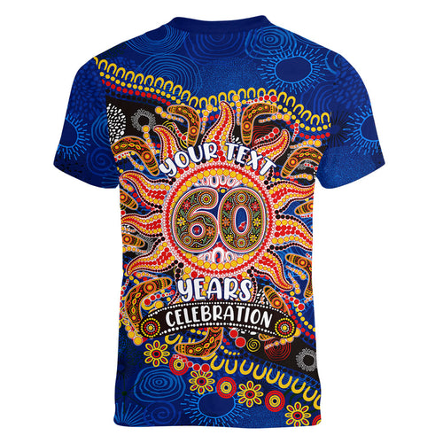 Personalized 60th Birthday Aboriginal Art Women V-Neck T-Shirt Indigenous Dot Painting Vintage Sun Lizard