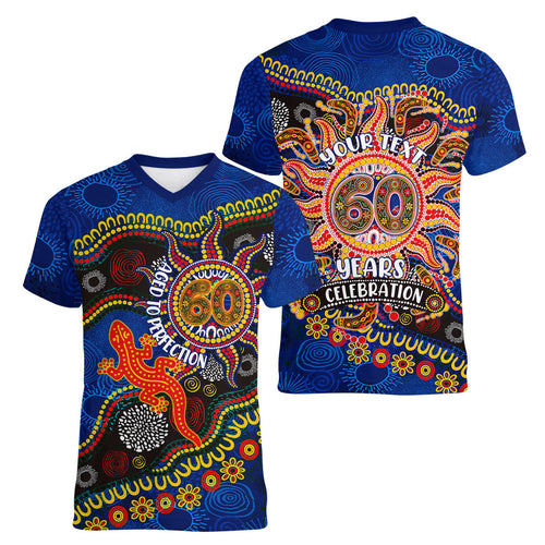 Personalized 60th Birthday Aboriginal Art Women V-Neck T-Shirt Indigenous Dot Painting Vintage Sun Lizard