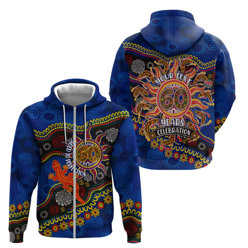 Personalized 60th Birthday Aboriginal Art Zip Hoodie Indigenous Dot Painting Vintage Sun Lizard