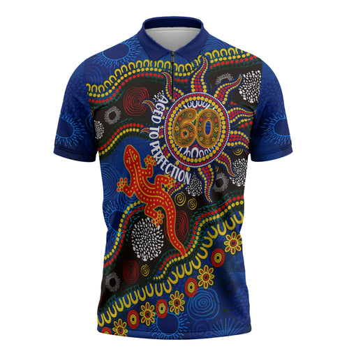 Personalized 60th Birthday Aboriginal Art Zipper Polo Shirt Indigenous Dot Painting Vintage Sun Lizard