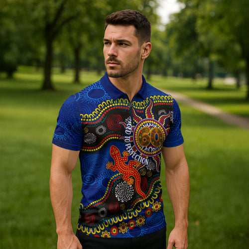 Personalized 60th Birthday Aboriginal Art Zipper Polo Shirt Indigenous Dot Painting Vintage Sun Lizard