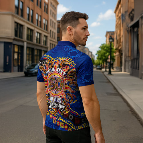 Personalized 60th Birthday Aboriginal Art Zipper Polo Shirt Indigenous Dot Painting Vintage Sun Lizard