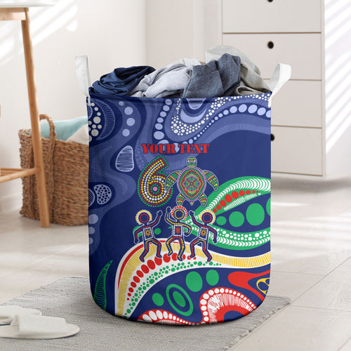 Personalized 60th Birthday Aboriginal Art Laundry Basket Indigenous Sea Turtle Dot Painting Cultural Dancing