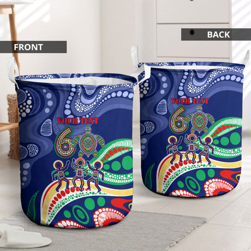 Personalized 60th Birthday Aboriginal Art Laundry Basket Indigenous Sea Turtle Dot Painting Cultural Dancing