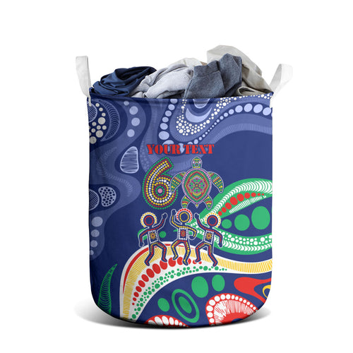 Personalized 60th Birthday Aboriginal Art Laundry Basket Indigenous Sea Turtle Dot Painting Cultural Dancing
