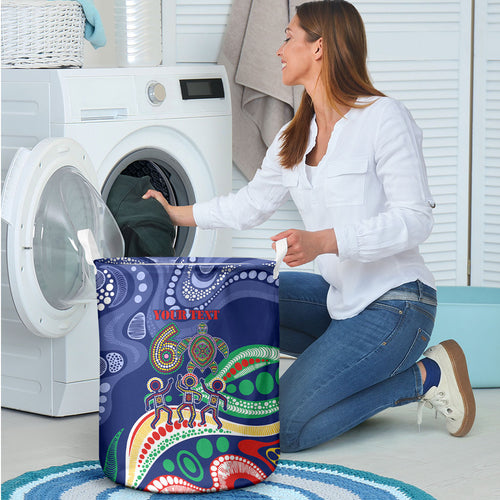 Personalized 60th Birthday Aboriginal Art Laundry Basket Indigenous Sea Turtle Dot Painting Cultural Dancing