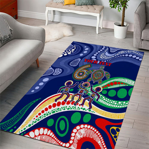 Personalized 60th Birthday Aboriginal Art Area Rug Indigenous Sea Turtle Dot Painting Cultural Dancing