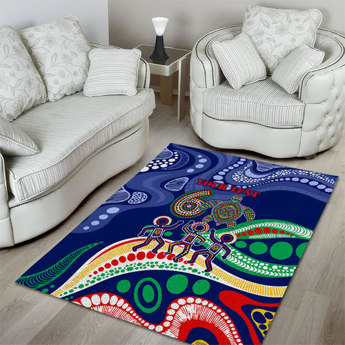 Personalized 60th Birthday Aboriginal Art Area Rug Indigenous Sea Turtle Dot Painting Cultural Dancing