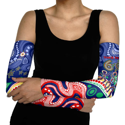 Personalized 60th Birthday Aboriginal Art Arm Sleeves Indigenous Sea Turtle Dot Painting Cultural Dancing
