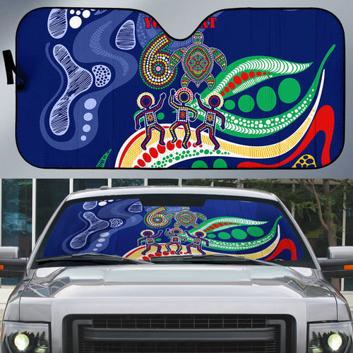 Personalized 60th Birthday Aboriginal Art Auto Sun Shade Indigenous Sea Turtle Dot Painting Cultural Dancing