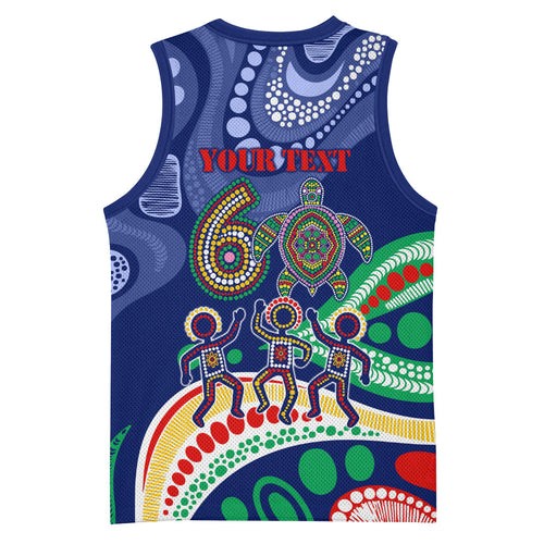 Personalized 60th Birthday Aboriginal Art Basketball Jersey Indigenous Sea Turtle Dot Painting Cultural Dancing