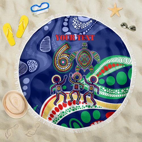 Personalized 60th Birthday Aboriginal Art Beach Blanket Indigenous Sea Turtle Dot Painting Cultural Dancing