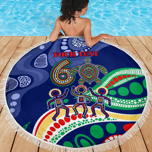 Personalized 60th Birthday Aboriginal Art Beach Blanket Indigenous Sea Turtle Dot Painting Cultural Dancing