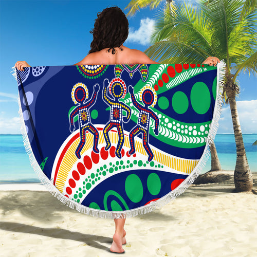 Personalized 60th Birthday Aboriginal Art Beach Blanket Indigenous Sea Turtle Dot Painting Cultural Dancing