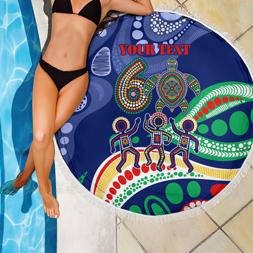Personalized 60th Birthday Aboriginal Art Beach Blanket Indigenous Sea Turtle Dot Painting Cultural Dancing