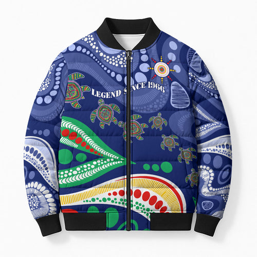 Personalized 60th Birthday Aboriginal Art Bomber Puffer Jacket Indigenous Sea Turtle Dot Painting Cultural Dancing