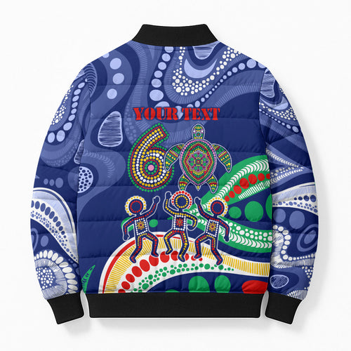 Personalized 60th Birthday Aboriginal Art Bomber Puffer Jacket Indigenous Sea Turtle Dot Painting Cultural Dancing