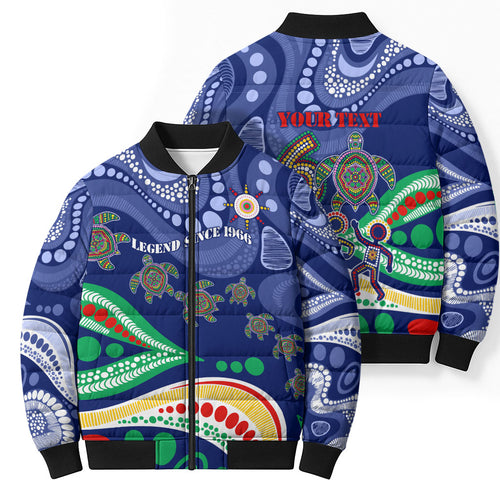 Personalized 60th Birthday Aboriginal Art Bomber Puffer Jacket Indigenous Sea Turtle Dot Painting Cultural Dancing