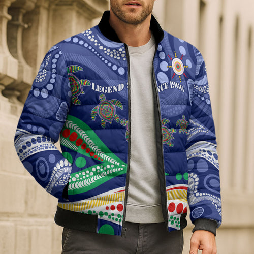 Personalized 60th Birthday Aboriginal Art Bomber Puffer Jacket Indigenous Sea Turtle Dot Painting Cultural Dancing
