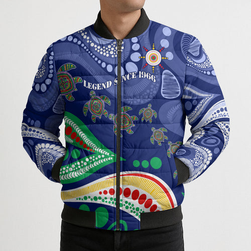 Personalized 60th Birthday Aboriginal Art Bomber Puffer Jacket Indigenous Sea Turtle Dot Painting Cultural Dancing