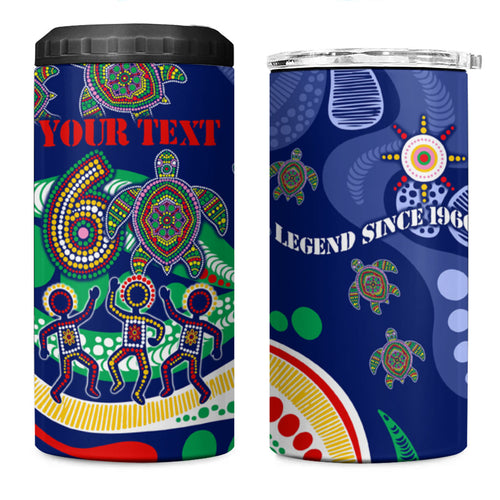 Personalized 60th Birthday Aboriginal Art 4 in 1 Can Cooler Tumbler Indigenous Sea Turtle Dot Painting Cultural Dancing
