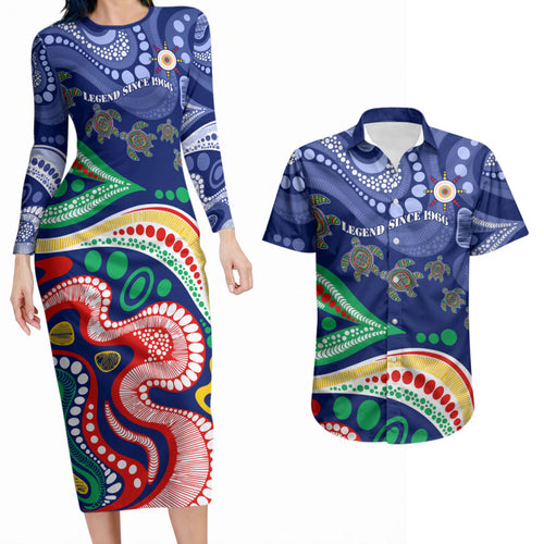 Personalized 60th Birthday Aboriginal Art Couples Matching Long Sleeve Bodycon Dress and Hawaiian Shirt Indigenous Sea Turtle Dot Painting Cultural Dancing