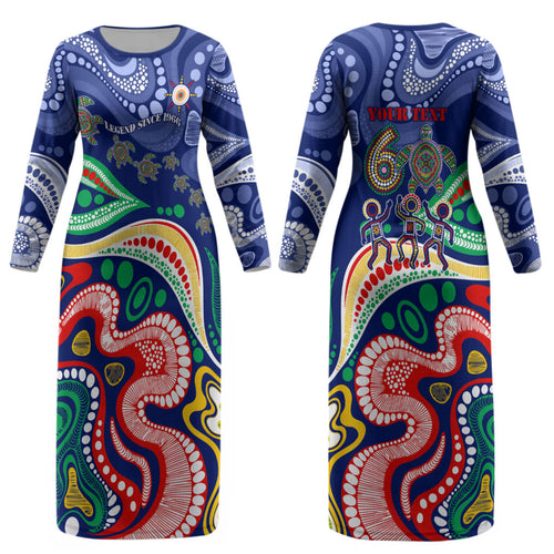 Personalized 60th Birthday Aboriginal Art Couples Matching Long Sleeve Bodycon Dress and Hawaiian Shirt Indigenous Sea Turtle Dot Painting Cultural Dancing