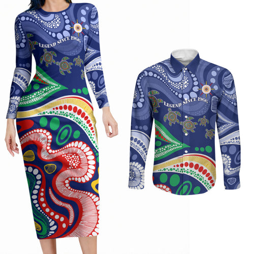 Personalized 60th Birthday Aboriginal Art Couples Matching Long Sleeve Bodycon Dress and Long Sleeve Button Shirt Indigenous Sea Turtle Dot Painting Cultural Dancing