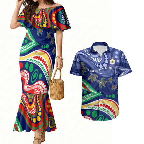 Personalized 60th Birthday Aboriginal Art Couples Matching Mermaid Dress and Hawaiian Shirt Indigenous Sea Turtle Dot Painting Cultural Dancing