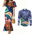 Personalized 60th Birthday Aboriginal Art Couples Matching Mermaid Dress and Long Sleeve Button Shirt Indigenous Sea Turtle Dot Painting Cultural Dancing