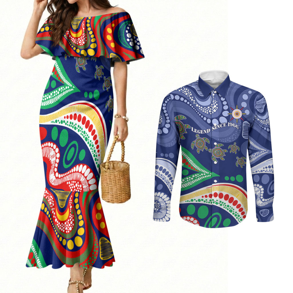 Personalized 60th Birthday Aboriginal Art Couples Matching Mermaid Dress and Long Sleeve Button Shirt Indigenous Sea Turtle Dot Painting Cultural Dancing