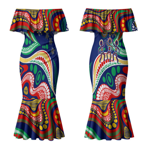 Personalized 60th Birthday Aboriginal Art Couples Matching Mermaid Dress and Long Sleeve Button Shirt Indigenous Sea Turtle Dot Painting Cultural Dancing