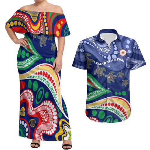 Personalized 60th Birthday Aboriginal Art Couples Matching Off Shoulder Maxi Dress and Hawaiian Shirt Indigenous Sea Turtle Dot Painting Cultural Dancing