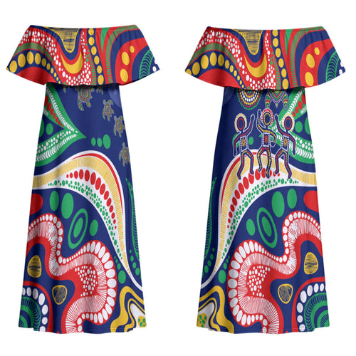 Personalized 60th Birthday Aboriginal Art Couples Matching Off Shoulder Maxi Dress and Hawaiian Shirt Indigenous Sea Turtle Dot Painting Cultural Dancing