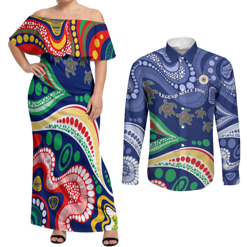 Personalized 60th Birthday Aboriginal Art Couples Matching Off Shoulder Maxi Dress and Long Sleeve Button Shirt Indigenous Sea Turtle Dot Painting Cultural Dancing