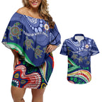 Personalized 60th Birthday Aboriginal Art Couples Matching Off Shoulder Short Dress and Hawaiian Shirt Indigenous Sea Turtle Dot Painting Cultural Dancing